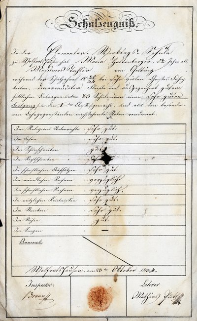 Pagella di fine anno della scuola elementare domenicale di una studentessa (Monika Haltenberger, figlia del sacrestano), di una scuola elementare datata 24 settembre 1840, Accademia di Geretsried, Alta Baviera in Germania, Europa da Unbekannt