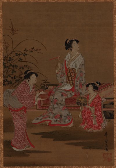 Giovane donna, con due assistenti ragazze, seduta in un giardino, periodo Edo, 1615-1868 da Unbekannt