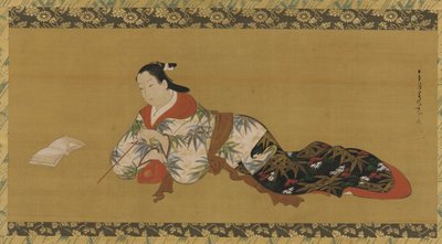 Yujo sdraiata e che legge uno spartito musicale, Periodo Edo, 1615-1868 da Unbekannt