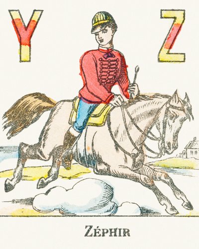 Z : Zephir, un cavaliere al galoppo sul suo cavallo chiamato Zephyr - Alfabeto dei Giochi, c.1890 (incisione) da Unbekannt