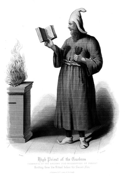 Sommo sacerdote zoroastriano che recita davanti al fuoco sacro, XIX secolo da Unbekannt
