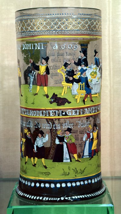 Un Humpen tedesco smaltato, datato 1609, decorato con scene di celebrazione da Unbekannt Unbekannt