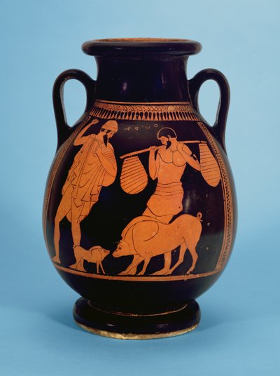 Pelike attica a figure rosse: maiali, porcaro e Ulisse, del Pittore dei Maiali, 470-60 a.C. da Unbekannt Unbekannt