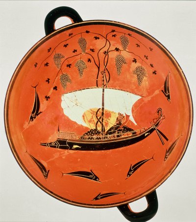 Kylix a figure nere, vista interna che mostra Dioniso in una barca con una vite, Exekias, pittore delle Sirene, VI secolo a.C. da Unbekannt Unbekannt