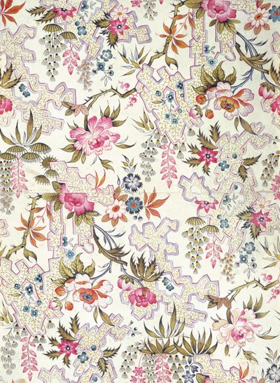Design floreale per materiale di seta con fiori stilizzati e motivo di fondo di meandri riempiti con piccole alghe di William Kilburn, c.1790 da Unbekannt Unbekannt