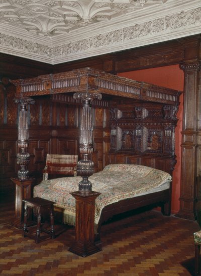 Letto a baldacchino, quercia intagliata, XVI-XVII secolo da Unbekannt Unbekannt