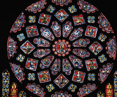 Glorificazione della Vergine Maria, con gli stemmi di Bianca di Castiglia sotto il rosone, rosone nord, c.1223 da Unbekannt Unbekannt