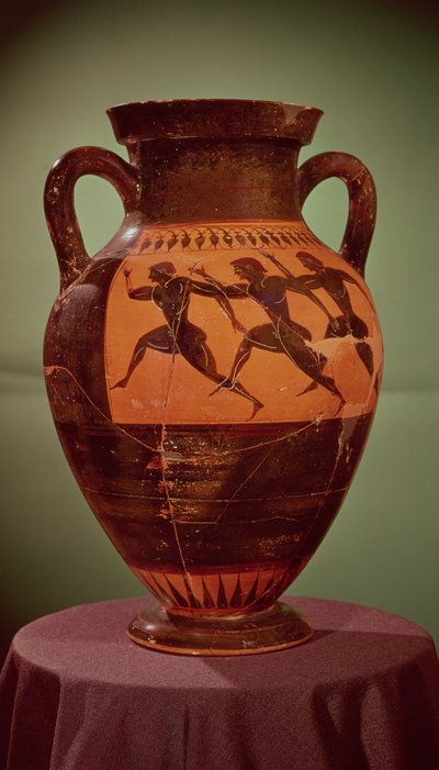 Anfora greca a figure nere raffigurante corridori in una gara, 600-550 a.C. da Unbekannt Unbekannt