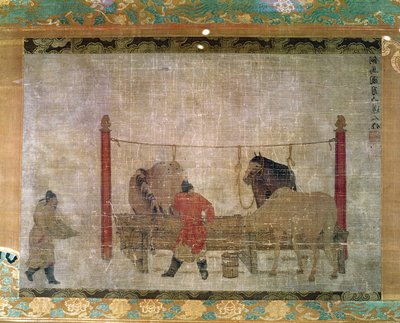 Appeso, raffigurante stallieri che nutrono cavalli, inchiostro e acquerello su seta, attribuito a Jen Jen-Far, cinese, XIV secolo da Unbekannt Unbekannt