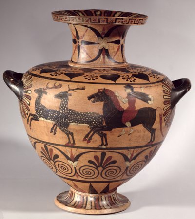 Hydria, scena di caccia, greco arcaico, periodo etrusco-ionico a figure nere, c.540-530 a.C. da Unbekannt Unbekannt