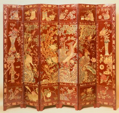 Scena pastorale, (schermo in lacca rossa con chinoiserie dorata) da Unbekannt Unbekannt