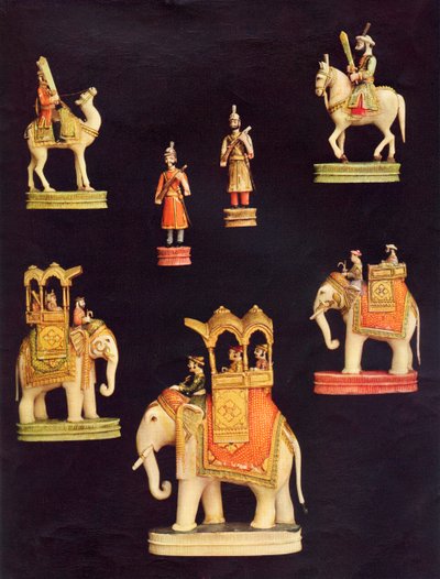 Pezzi di un set di scacchi in avorio realizzato a Delhi per Begum Samru nel c.1790 da Unbekannt Unbekannt