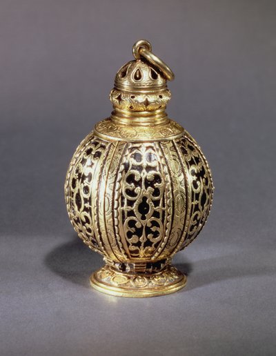 Pomander, decorato con volute cesellate che racchiudono smalto nero, argento dorato, probabilmente inglese, c.1580 da Unbekannt Unbekannt