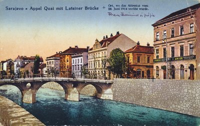 Cartolina raffigurante Sarajevo, il Quay Appel e il Ponte Lateiner, luogo dell