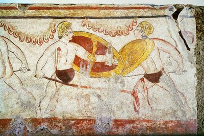 La battaglia dei gladiatori, (dettaglio) di un duello, c.III secolo a.C. da Unbekannt Unbekannt
