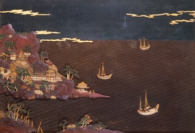 Vassoio con scena marina tratta da una stampa contemporanea, lavoro a losanghe, c.1785 da Unbekannt Unbekannt