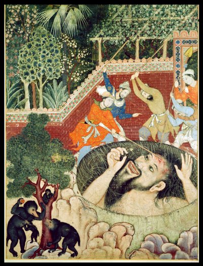 Zumrud Shah cade in una fossa e viene picchiato dai giardinieri, dal Hamzanama (Libro di Hamza), India o Pakistan, c.1562-77 da Unbekannt Unbekannt