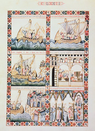 Un viaggio ad Acri, illustrazioni per Cantiga 172, una delle 420 composizioni musicali che narrano i miracoli della Vergine, scritta in galiziano per Alfonso X 