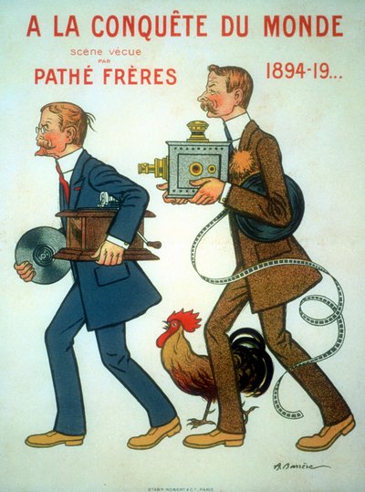 Poster del 1898 di Adrien Barrere per i fratelli Charles Pathé (1863-1957) e Emile Pathé (1860-1937) ingegneri francesi, produttori cinematografici, qui con il gallo (il loro simbolo), proiettore e fonografo da Unbekannt