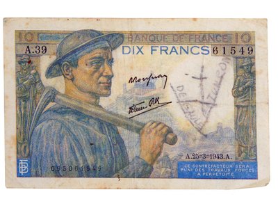 Banconota da 10 franchi del 1942 da Unbekannter Künstler