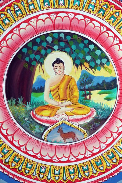Wat Inpeng, tempio buddista. Dipinto che raffigura la storia della vita del Buddha Shakyamuni. Buddha seduto in posizione di meditazione, Vientiane, Laos da Unbekannt