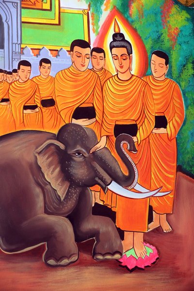 20151029, Vientiane, Laos: Tempio buddista Wat Si Muang (Simuong). Dipinto che raffigura la storia della vita di Shakyamuni Buddha. Un elefante selvatico domato dalla gentilezza amorevole da Unbekannt