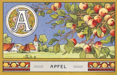 A : Apfel - Alphabet Palmin. Serie di cromolitografie edite da H. Schlinck & Cie, Amburgo, s. d. Pubblicità per Palmin feinstes Cocosfett. Dimensioni: 7 x 11 cm da Unbekannter Künstler