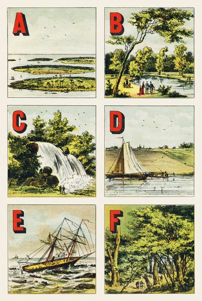 A B C D E F : arcipelago, Bois de Boulogne, cascata, diga, scoglio, foresta di Fontainebleau - Gravura tratta da Alfabeto geografico. Guerin-Muller et Cie, editori, Parigi da Unbekannt
