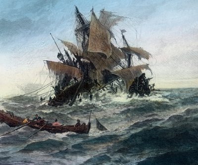 Una nave danese, che vuole portare aiuto alla città di Stralsund, naufraga da Unbekannter Künstler