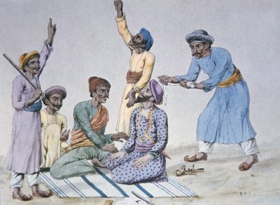 Un Gruppo di Thugs che si Preparano a Strangolare una Vittima (litografia a colori) da Unbekannter Künstler