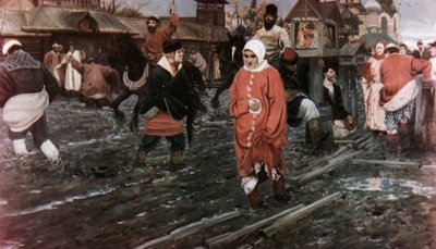 Una strada di Mosca nel XVII secolo durante una festa, dipinto di A. Ryabushkin da Unbekannt