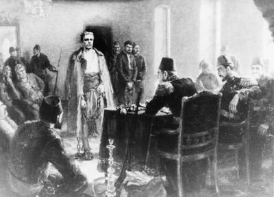 Dipinto di Kalina Tasseva raffigurante il rivoluzionario bulgaro Vasil Levski davanti a un tribunale dell
