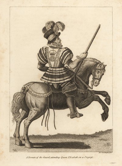 Un Yeoman della Guardia che assiste la regina Elisabetta I durante un viaggio da Unbekannt