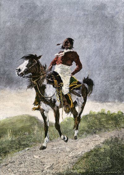 Un coraggioso Comanche, in viaggio a cavallo nelle praterie meridionali (Texas, Oklahoma, USA), circa 1800. Litografia da Unbekannter Künstler