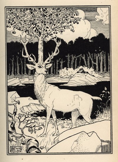 Un ciliegio sulla testa di un cervo colpito dalle pietre delle ciliegie lanciate dal Barone di Munchausen. Illustrazione di William Strang (1859-1921) e JB Clark da 