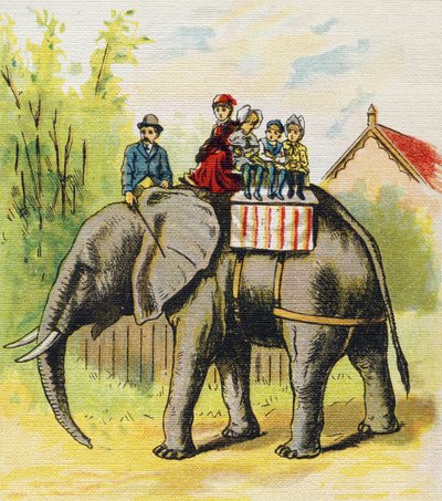 Una famiglia seduta su un elefante. Incisione in "ABC L