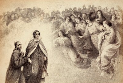 Un gruppo di ombre si avvicina a Dante e Beatrice. Illustrazione del Canto V del Paradiso della Divina Commedia di Dante Alighieri. Opera di Francesco Scaramuzza dedicata al Comune di Firenze. da Unbekannter Künstler