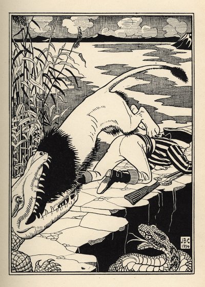 Un leone che voleva attaccare il Barone di Munchausen finì con un coccodrillo. Illustrazione di William Strang e JB Clark da Le avventure del Barone di Munchausen di Rudolf Erich Raspe da Unbekannt
