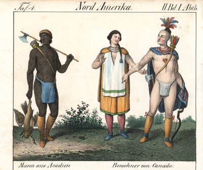 Uomo acadiano con corpo tatuato e una coppia di indiani nativi canadesi. Litografia per il libro: “Galerie complete en tableaux fideles des peuples d