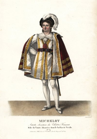 Attore Pierre Marie Nicolas Michelot come il Conte Almaviva in Il barbiere di Siviglia di Pierre Beaumarchais, Théâtre Français da Unbekannter Künstler
