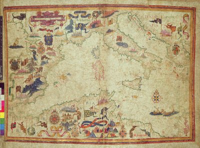 Aggiuntivo 5415A, ff.11v-12r: La costa del Mediterraneo dallo Stretto di Gibilterra al Morea con l