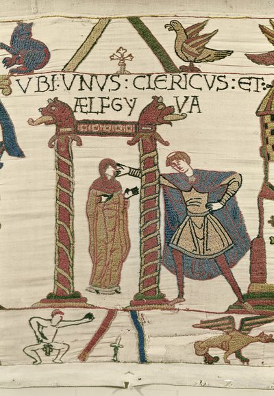 Aelfgyva con un prete, Arazzo di Bayeux (ricamo in lana su lino) da Unbekannt