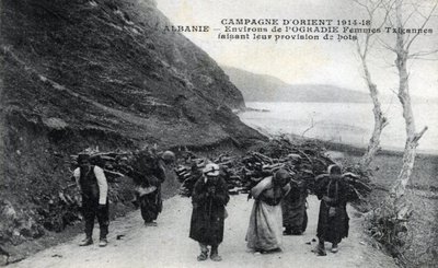 Albania: donne zingare con fasci di legna sulle spalle - Cartolina 1914-1918 da William M. Timlin