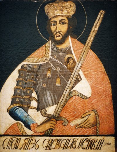 Alessandro Nevsky raffigurato come un santo guerriero in un ritratto di un artista sconosciuto del primo XVIII secolo, Museo storico statale, Mosca da Unbekannter Künstler