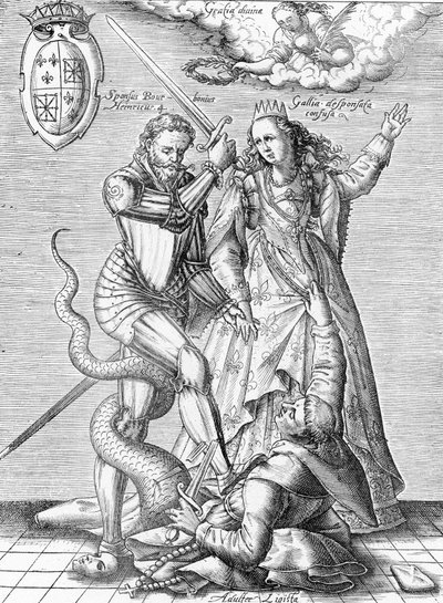 Allegoria della morte della Lega Cattolica rappresentata come un monaco con corpo di serpente ucciso dal re di Francia Enrico IV e dalla Francia. Fine del XIX secolo (incisione da 