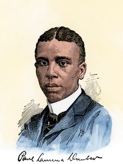 Poeta americano Paul Lawrence Dunbar (1872-1906), con il suo autografo. Incisione su legno colorata a mano di un