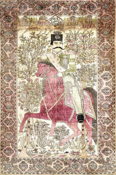 Un antico tappeto di seta Kashan "mochtasham", raffigurante la figura a cavallo di Naser al-Din Shah da Unbekannt