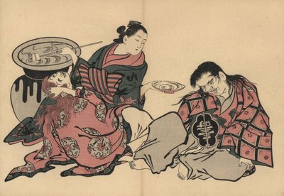 Una cortigiana oiran che gioca con due shojo con sake da un enorme vaso. Stampa xilografica di Masanobu Okumura (1686-1764) da Fuzoku Emakimono, Picture Scroll of the Water Trade, Tokyo, ristampa circa 1880. da Unbekannter Künstler