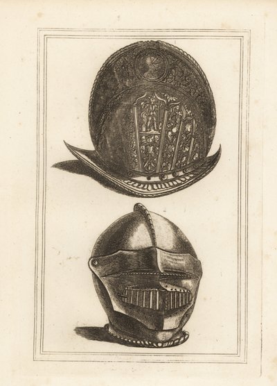 Antico elmo veneziano morione ornato con trofei militari, e un elmo borgognotta con visiera e bever unificati dalla Torre di Londra da Unbekannt