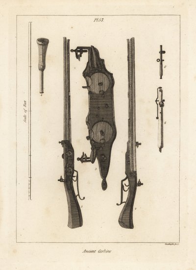 Antico carabina con due cariche nello stesso cannone sparate da due pietre focaie, pietre focaie, bacchetta e chiavi da Unbekannt